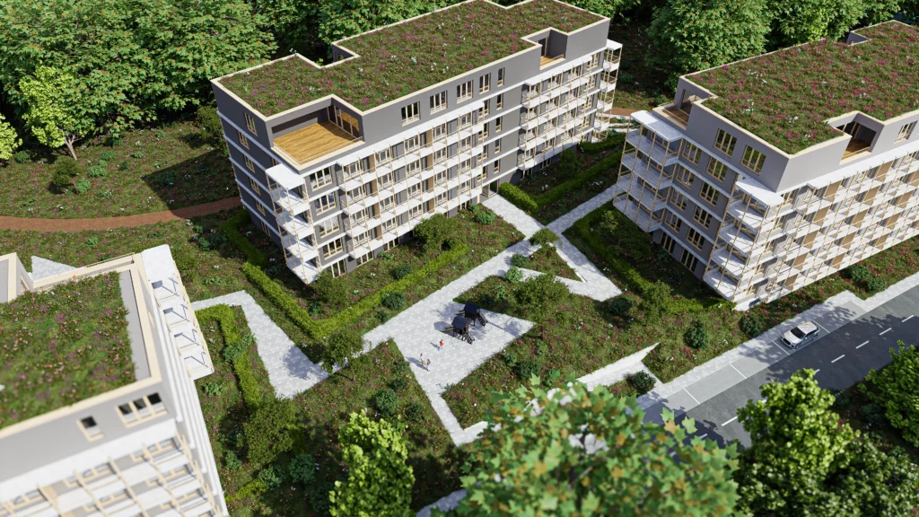Moderný bytový dom s extenzívnou zelenou strechou a balkónmi na každom poschodí — Rezidencia Rusínska Prešov