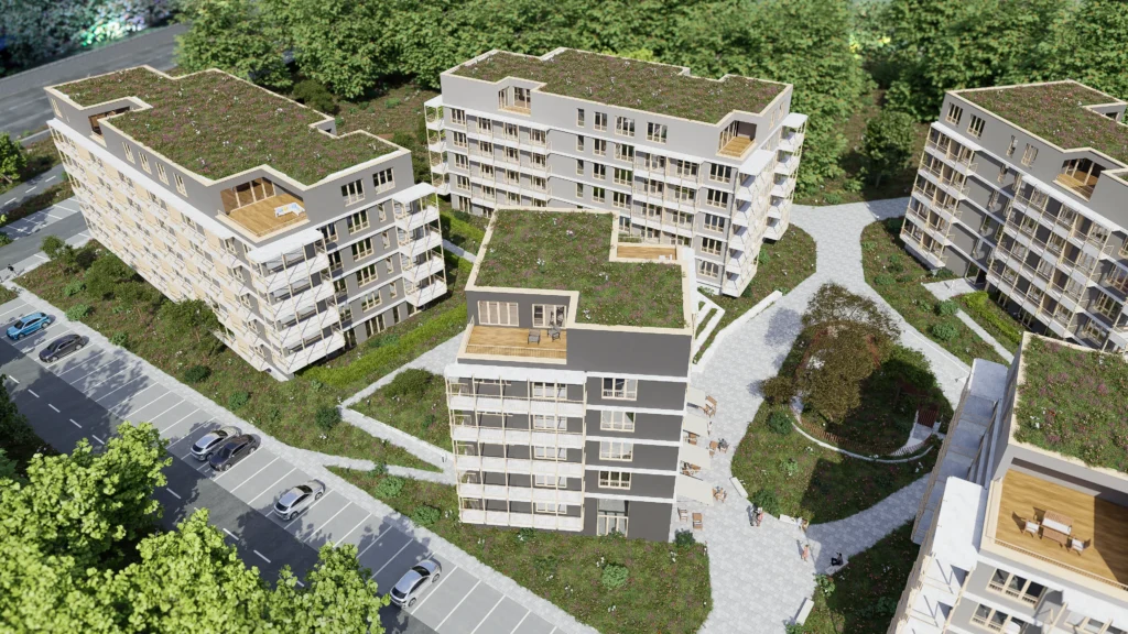 Letecky pohlad na cely areal Rezidencie Rusinska Presov s parkovanim